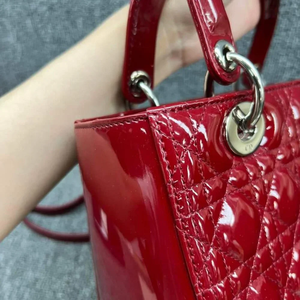 100% Authentic Dior Patent Medium Red Leather Satchel Bag - Picture 6 of 16